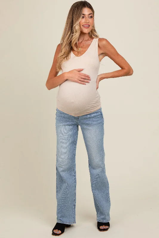 Light Blue Relaxed Straight Leg Maternity Jeans Comfortable Faded High-Rise Jeans