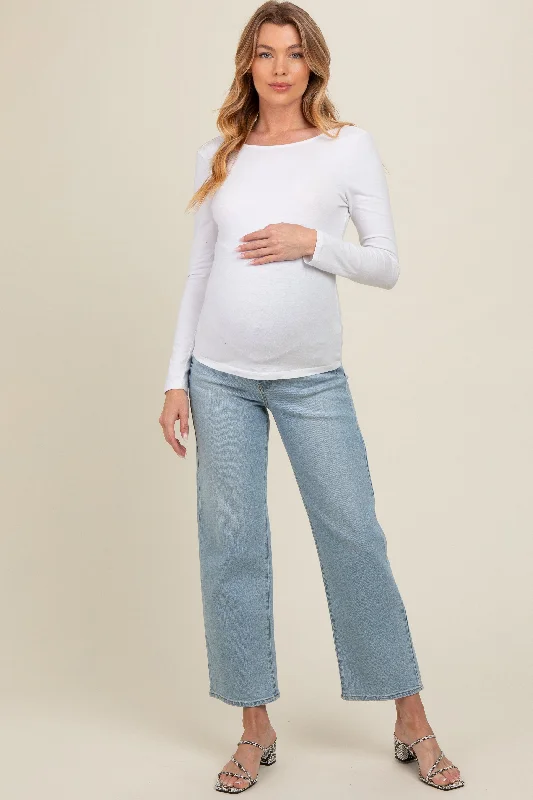 Light Blue Straight Crop Maternity Jeans Stylish Shredded Denim Jeans