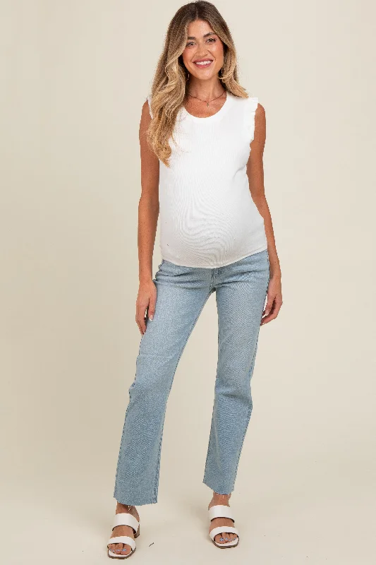 Light Blue Straight Leg Raw Hem Maternity Jeans Fashionable Jeggings Style Jeans