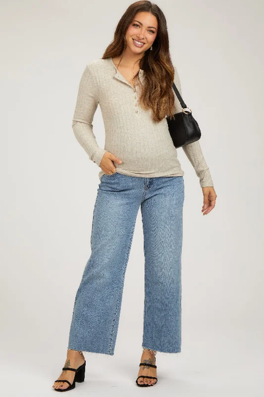 Light Blue Wide Leg Raw Hem Maternity Jeans Stylish Acid-Wash Jeans