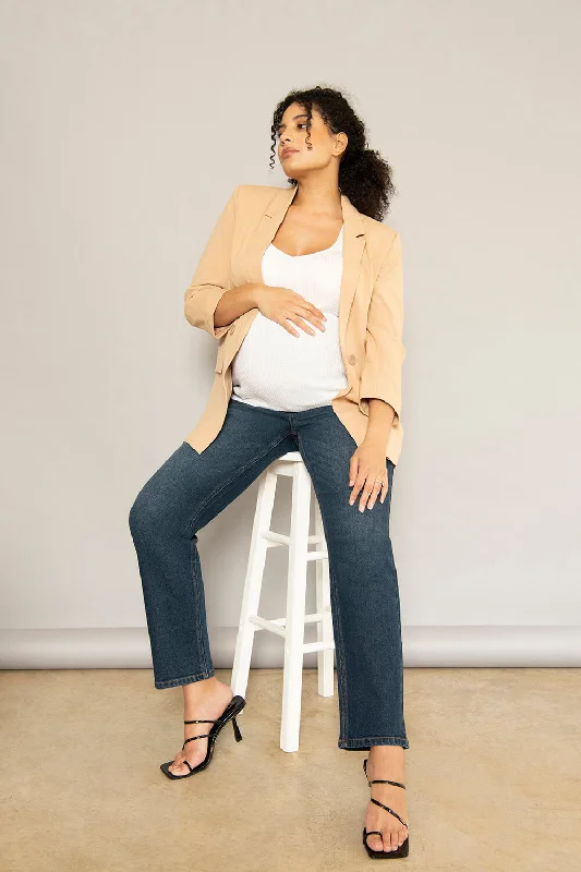Maternity Straight Jeans - Dark Blue Stylish Slim Fit Denim