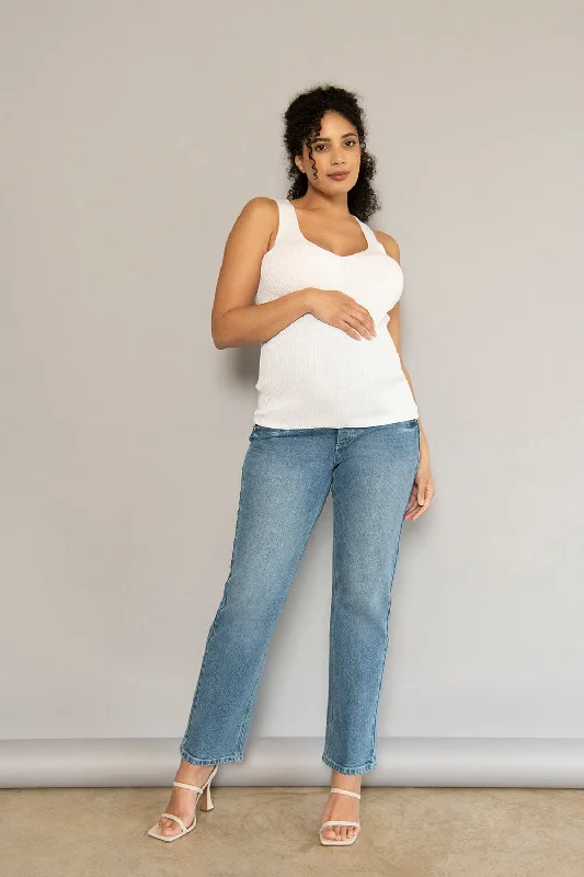 Maternity Straight Jeans - Mid Blue Elegant High-Waisted Flared Jeans