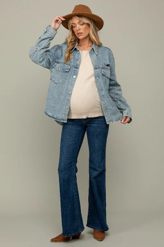 Navy Blue Flare Leg Maternity Jeans Stylish High-Rise Mom Jeans