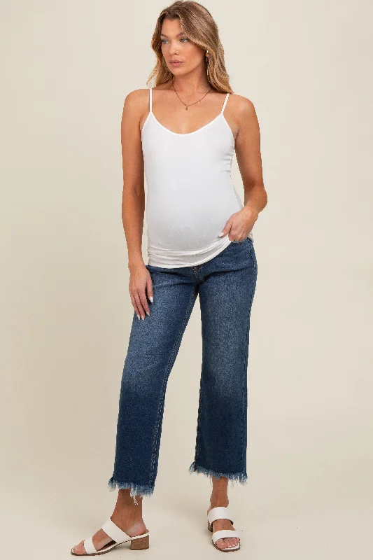 Navy Blue Fringe Hem Maternity Cropped Jeans Trendy Low-Rise Bootcut Jeans