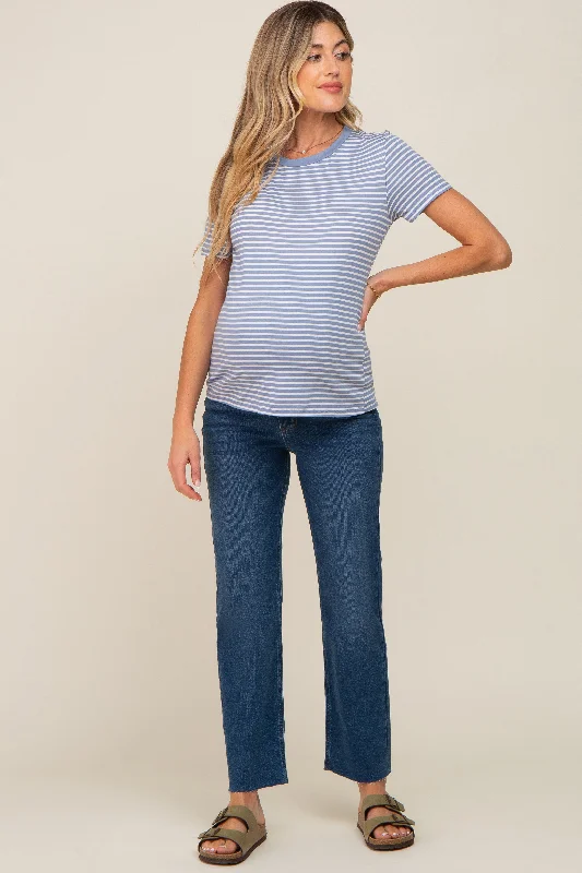 Navy Blue Raw Hem Maternity Straight Leg Jeans Stylish Relaxed Fit Skinny Jeans