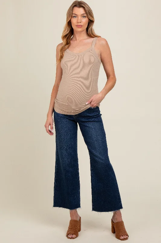 Navy Blue Wide Leg Raw Hem Maternity Jeans Fashionable Straight Fit Denim