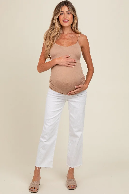 White Raw Hem Maternity Wide Leg Ankle Crop Jeans Trendy Wide-Leg High-Waist Denim