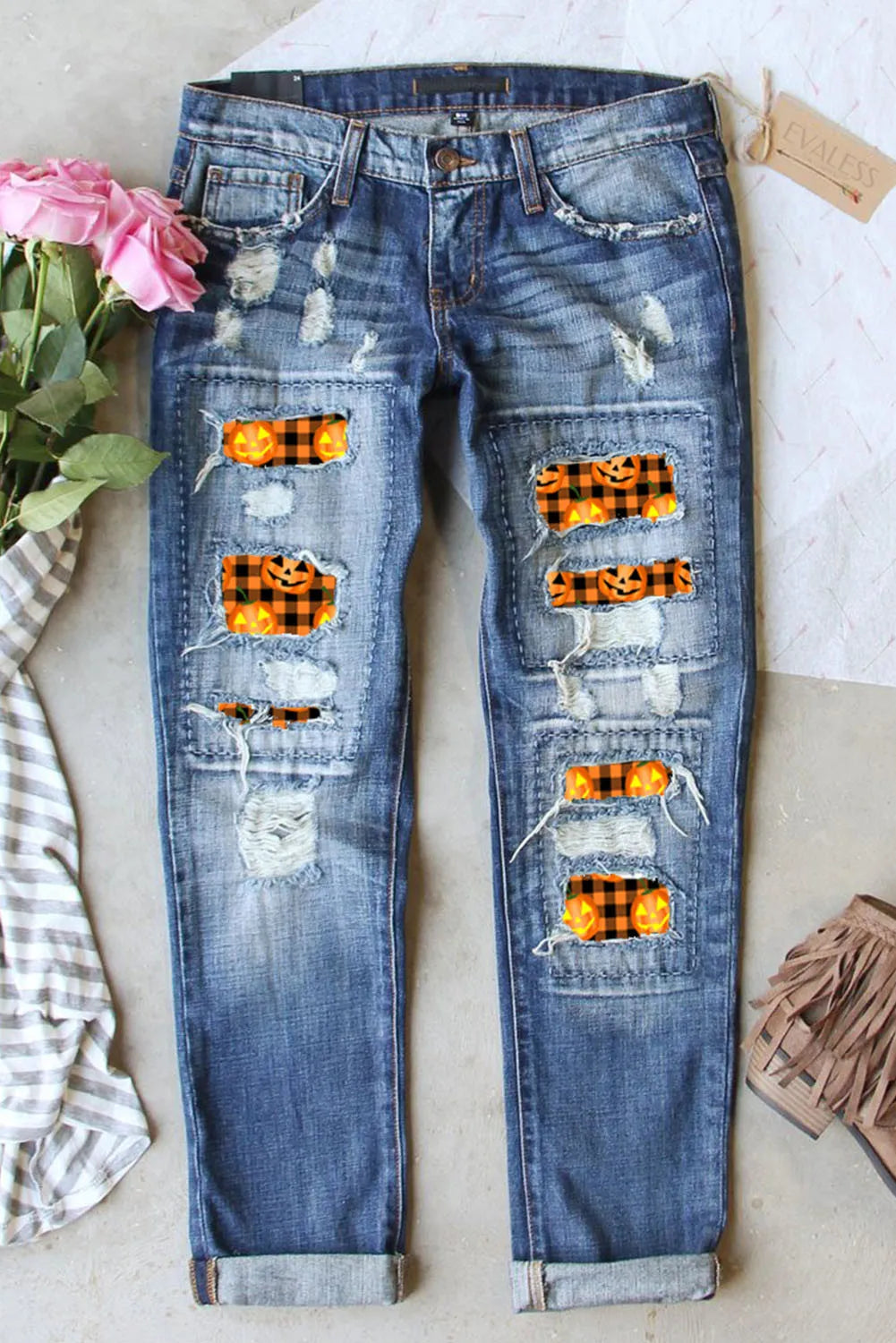 Distressed Pumpkin Pattern Jeans with Pockets Trendy Paperbag Waist Jeans