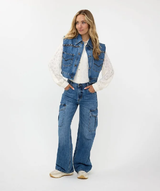 Esqualo Jeans Blue Gilet Denim With Stones Stylish Acid-Wash Jeans