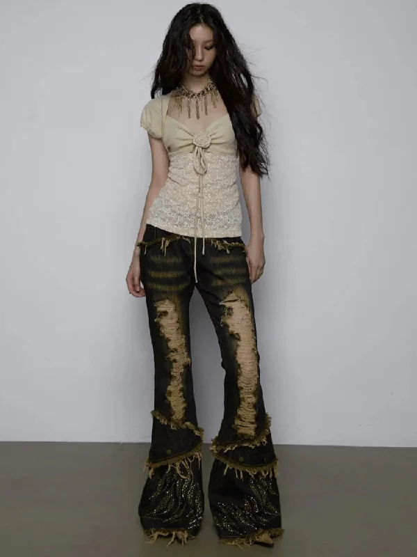 Low Rise Flare Jeans Stylish Paperbag Waist Denim