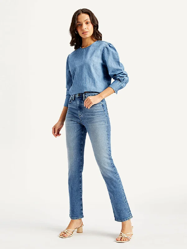 Women's High Rise 724 Slim Straight Fit Blue Jeans Comfortable Stretch Denim Jeans