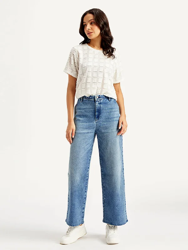 Women's High Rise Blue Wide Leg Jeans Fashionable Raw Hem Bootcut Jeans