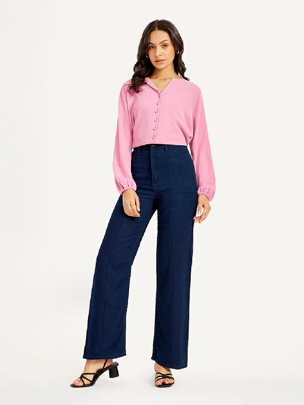 Women's High Rise Loose Fit Navy Jeans Fashionable Straight Fit Denim