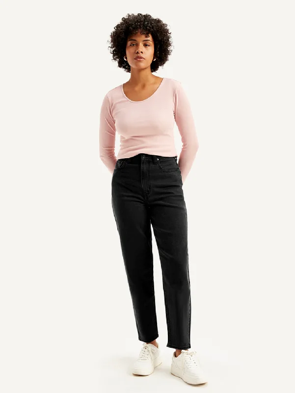 Women's High Rise Loose Taper Fit Black Jeans Trendy Button-Up High-Waist Jeans