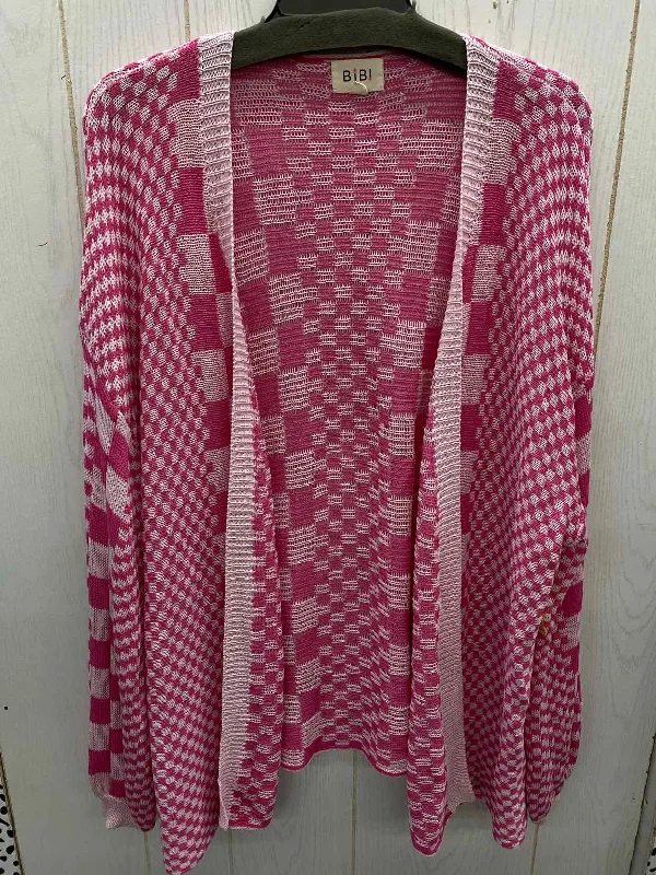Bibi Pink Womens Size XL Sweater Herringbone Houndstooth Plaid