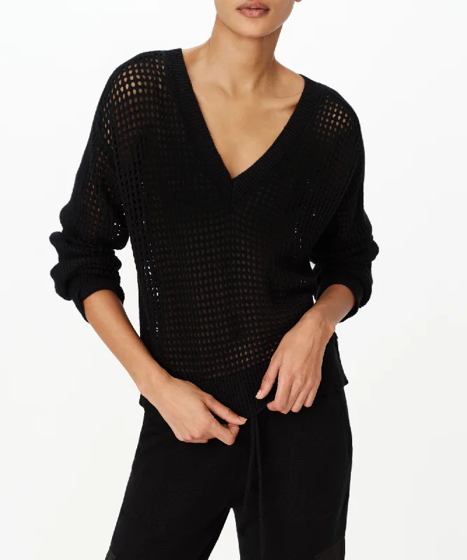 Cotton Cashmere Mesh Stitch V-Neck Sweater - Black Terry Terry Cloth Terry Knit