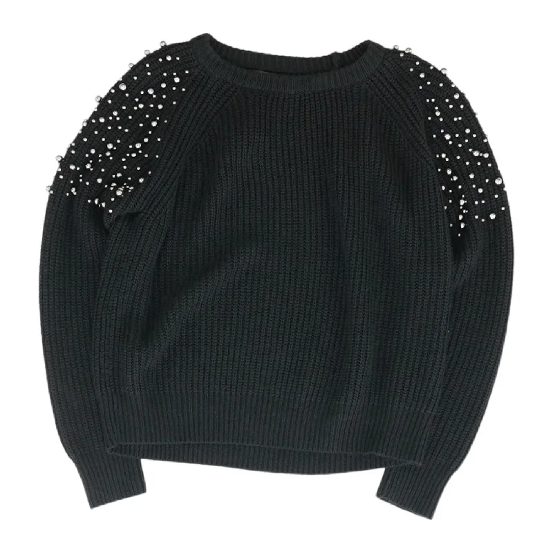 Black Solid Crewneck Sweater Sequined Glittery Shiny