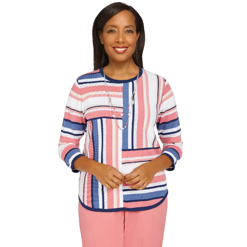 Boho Vibes Blocked Stripe Sweater With Necklace Velvet Chenille Corduroy