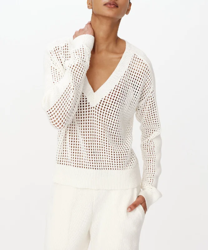 Cotton Cashmere Mesh Stitch V-Neck Sweater - Chalk Mesh Fabric Canvas Fabric Denim Fabric