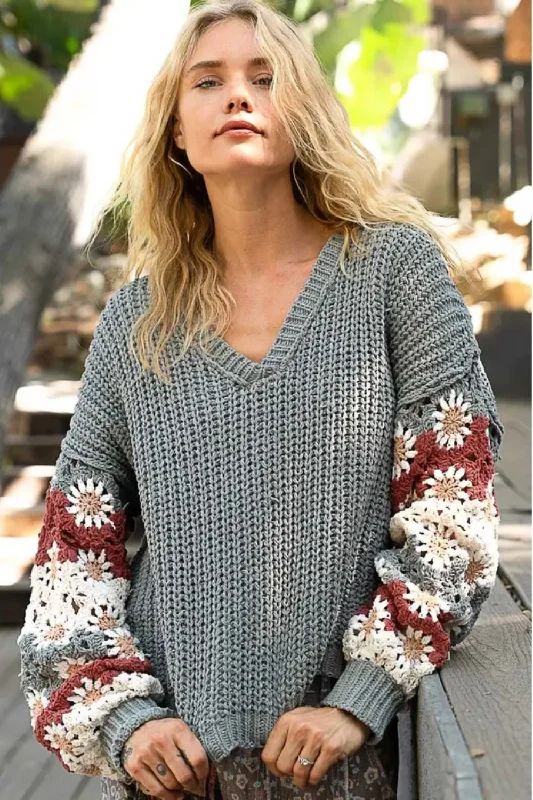 Dusty Olive Floral Square Patch Sleeves Sweater Iron Safe Non-Iron Wrinkle Free