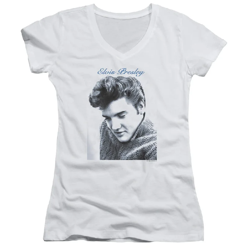 Elvis Presley Script Sweater Junior's 30/1 100% Cotton Cap-Sleeve Sheer V-Neck T-Shirt Ribbed Striped Patterned