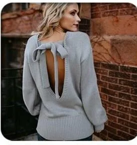 Grey Women's Open Back Sweater Print Jacquard Patchwork