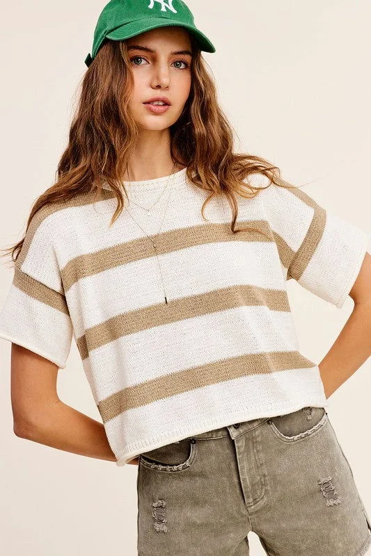 La Miel Lightweight Stripe Sweater Short Sleeve Top Wool Fabric Cashmere Fabric Tweed Fabric La Miel Lightweight Stripe Sweater Short Sleeve Top Wool Fabric Cashmere Fabric Tweed Fabric