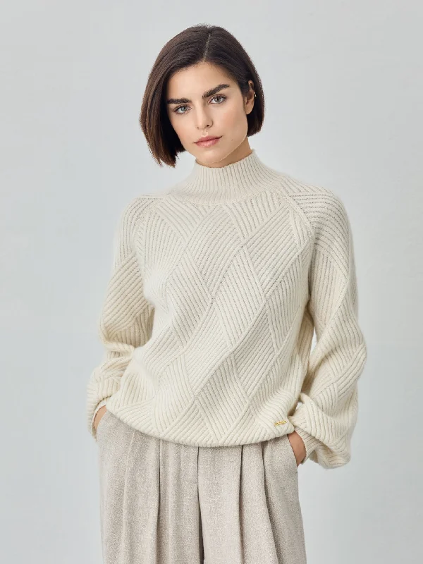 Mock Neck Jacquard Sweater in Lambswool Blend Embroidered Appliqued Beaded