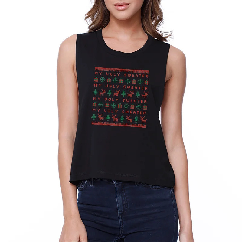 My Ugly Sweater Pattern Womens Black Crop Top Terry Terry Cloth Terry Knit