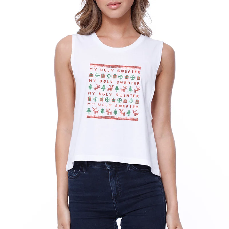 My Ugly Sweater Pattern Womens White Crop Top Cotton Fabric Linen Fabric Terry Fabric My Ugly Sweater Pattern Womens White Crop Top Cotton Fabric Linen Fabric Terry Fabric