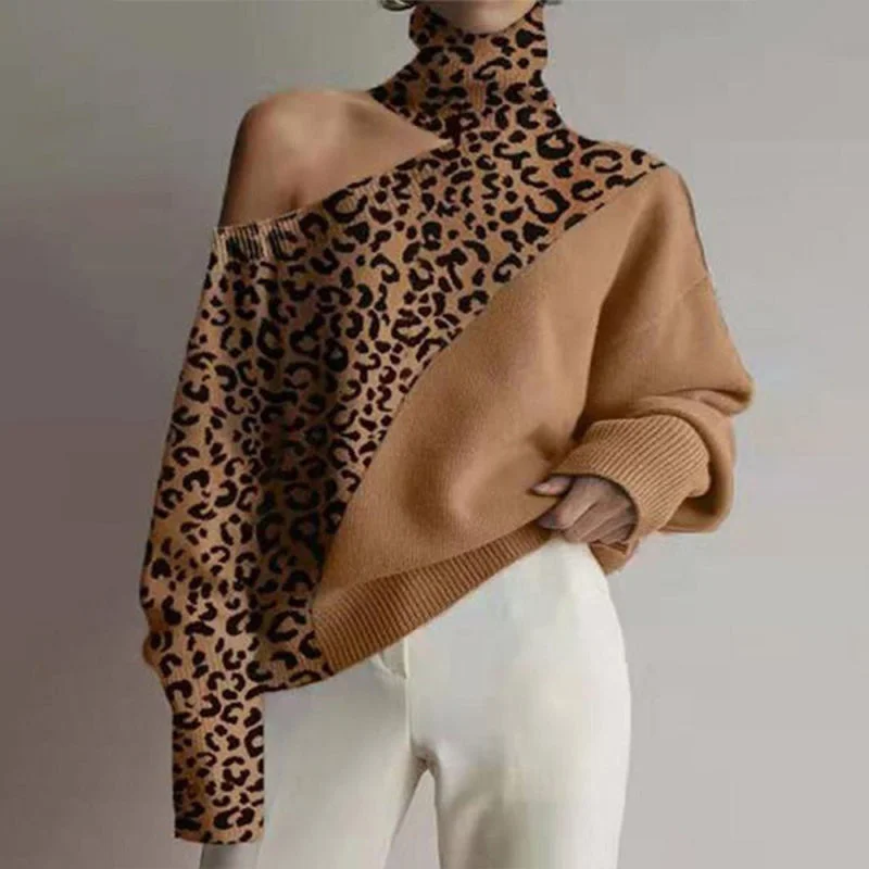New style turtleneck off-the-shoulder knitted sweater women leopard print long-sleeved top Satin Blend Silk Blend Wool Blend