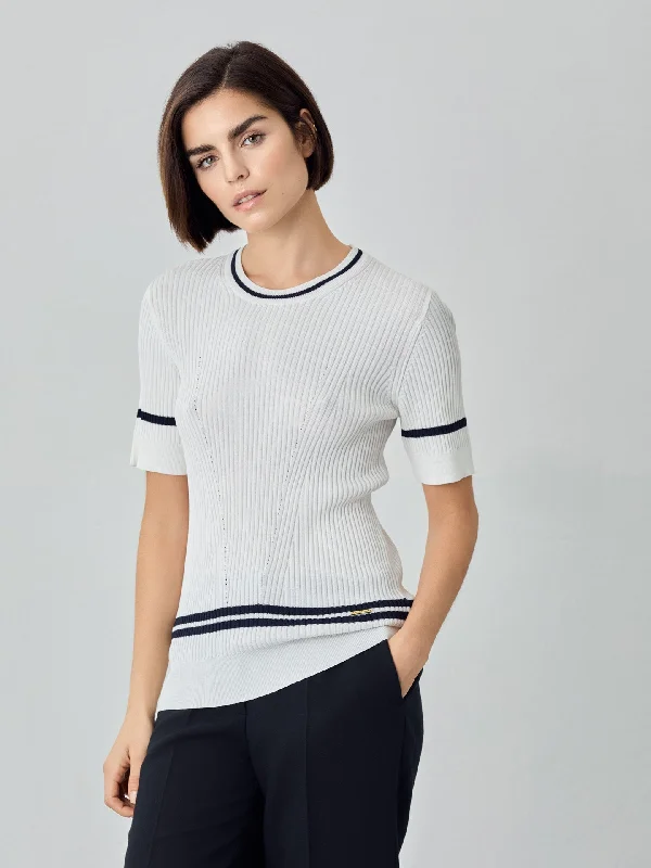 Short Sleeve Rib Knit Sweater In Viscose Blend Velvet Chenille Corduroy