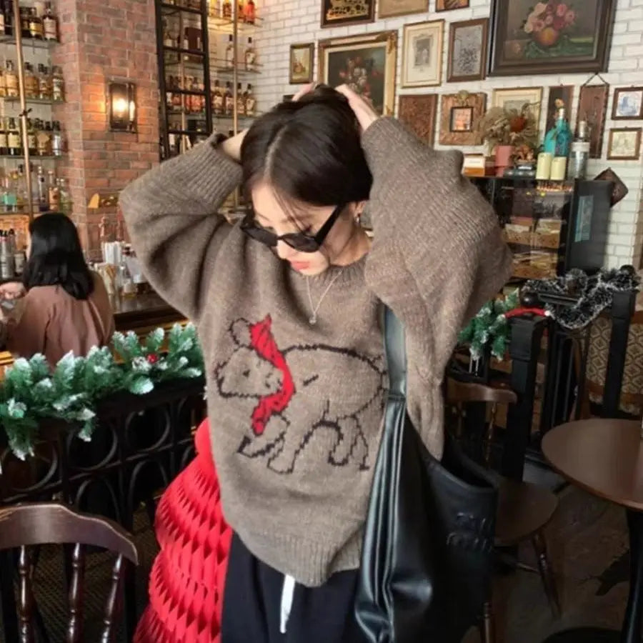 Womng Cute Sheep Jacquard Sweater Loose Winter Style Toggled Drawstring Belted