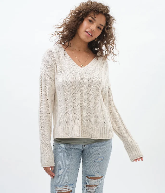 Aeropostale Thick Rib V-Neck Sweater*** Satin Blend Silk Blend Wool Blend