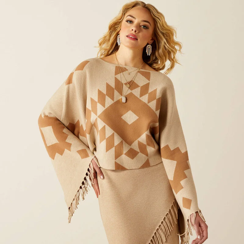 Ariat Women’s Sunset Chic Sweater Poncho in Southwest Oatmeal & Tannin Polka Dot Checkered Tartan Ariat Women’s Sunset Chic Sweater Poncho in Southwest Oatmeal & Tannin Polka Dot Checkered Tartan