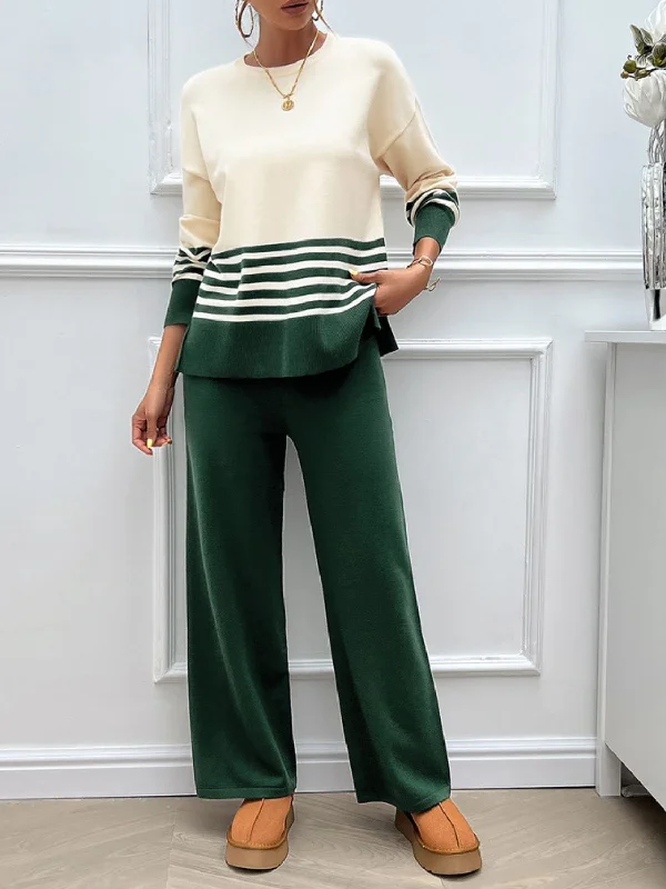 Divine Collection Slit Striped Round Neck Top and Pants Sweater Set Zippered Buttoned Snapped Divine Collection Slit Striped Round Neck Top and Pants Sweater Set Zippered Buttoned Snapped