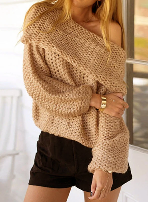 Elegant Slash Neck Off Shoulder Long Sleeve Solid Color Sweater Mesh Blend Leather Blend Suede Blend