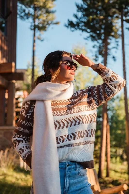 Extended Stay Brown Printed Crew Neck Sweater FINAL SALE Hooded Caped Shawl Collar
