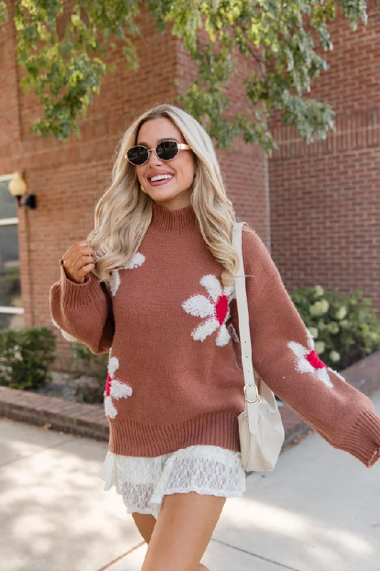 Fall Into Place Brown Textured Floral Print Mock Neck Sweater FINAL SALE Notch Collar Peter Pan Collar Cowl Neck Fall Into Place Brown Textured Floral Print Mock Neck Sweater FINAL SALE Notch Collar Peter Pan Collar Cowl Neck