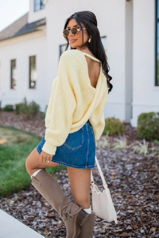 Know It All Yellow Twist Back Fuzzy Sweater FINAL SALE Collared Crew Neck Turtle Neck Know It All Yellow Twist Back Fuzzy Sweater FINAL SALE Collared Crew Neck Turtle Neck