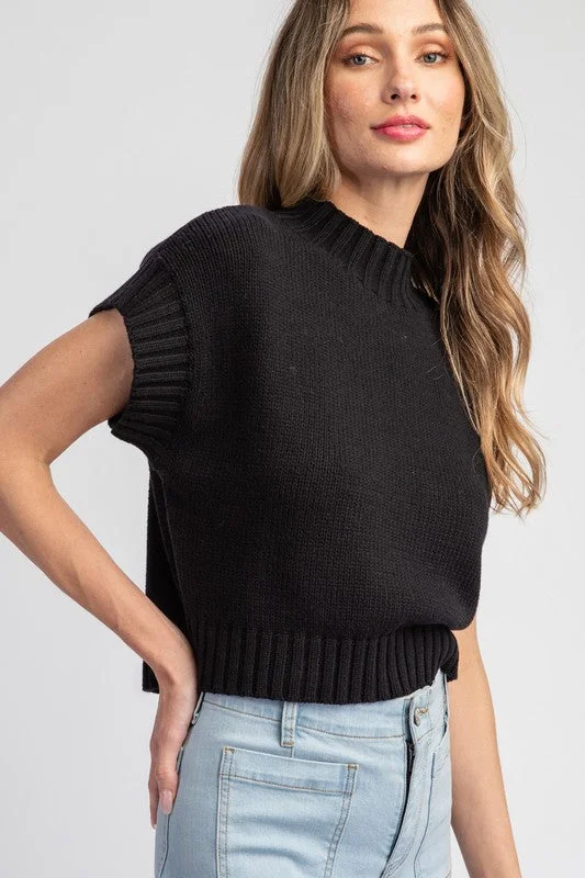 Mock Neck Cropped Short Sleeve Sweater Silk Blend Satin Velvet