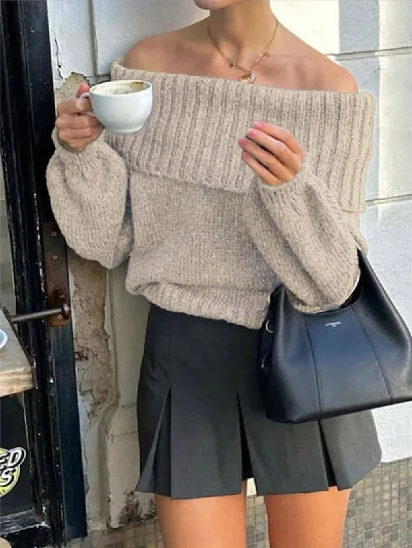 Off Shoulder Lantern Sleeve Knitted Sweater Elasticated Padded Insulated