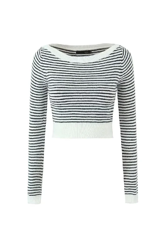 Preppy Boat Neck Contrast Black and White Striped Rib Knit Cropped Sweater Welt Pockets Slit Pockets Flap Pockets Preppy Boat Neck Contrast Black and White Striped Rib Knit Cropped Sweater Welt Pockets Slit Pockets Flap Pockets