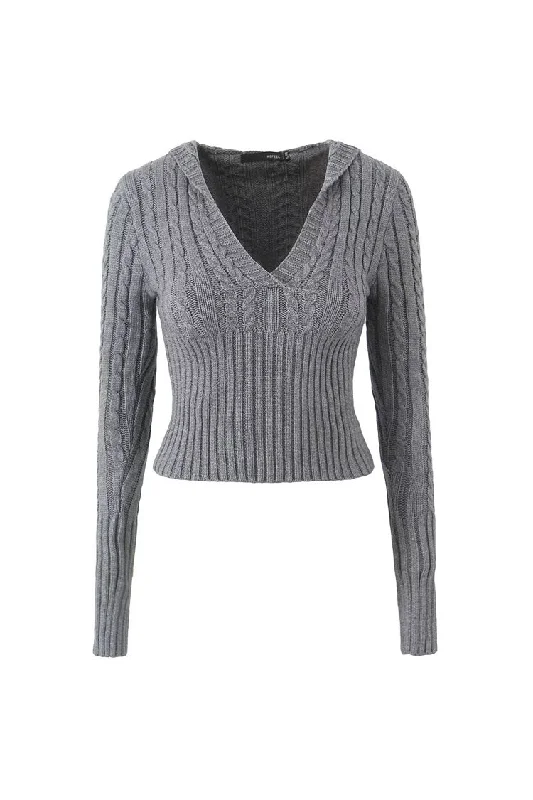 Preppy Style Hooded V Neck Long Sleeve Cable Ribbed Knit Crop Sweater Tailored Straight A-Line Preppy Style Hooded V Neck Long Sleeve Cable Ribbed Knit Crop Sweater Tailored Straight A-Line