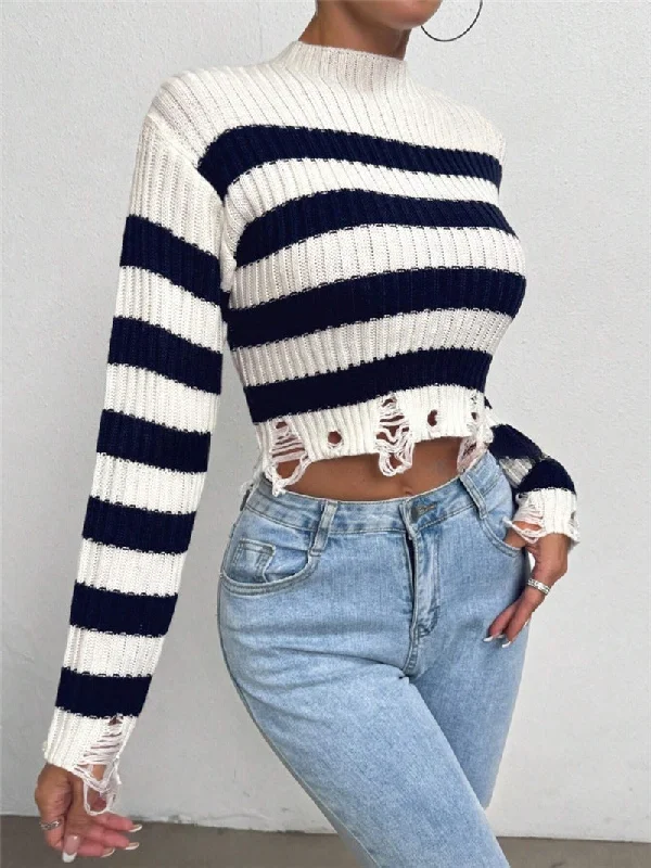 Round Neck Short Striped Sweater Cotton Fabric Linen Fabric Terry Fabric