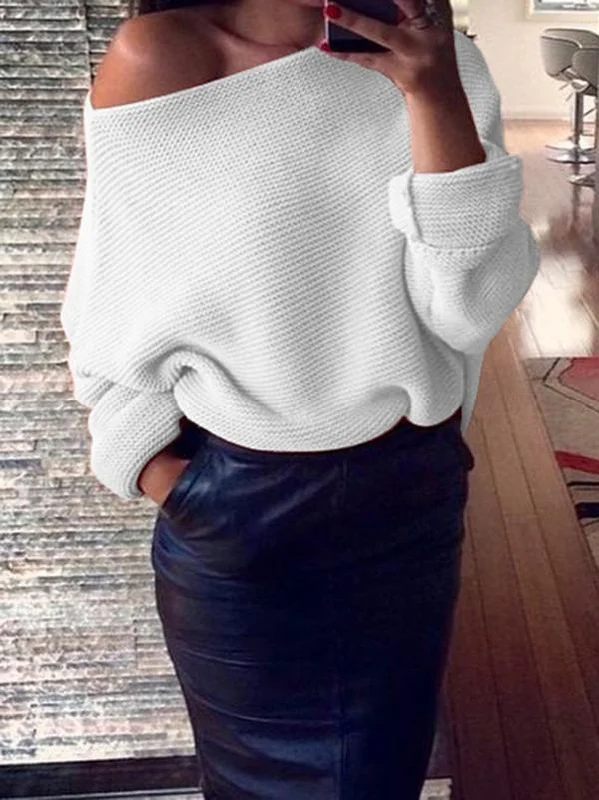 Sexy Solid Color Off-the-shoulder Sweater Tops Lace Blend Ribbed Blend Corduroy Blend