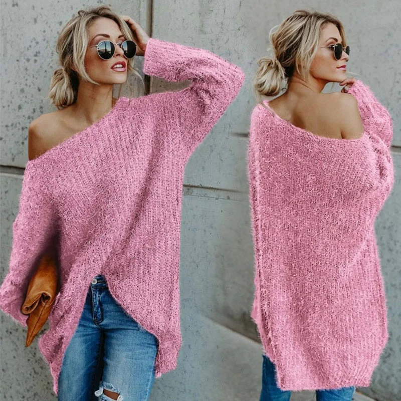 Shoulder Off Sweater Plus Size Loose Fit Cashmere Blend Cotton Blend Poly Blend