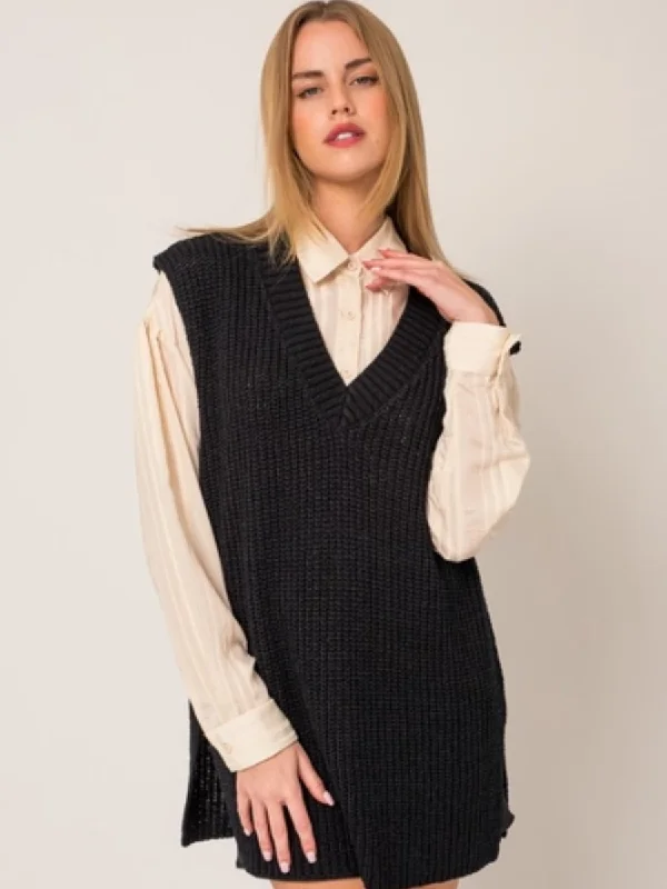 V-Neck Black Sweater Vest Tunic Plaid Sweater Polka Dot Checkered