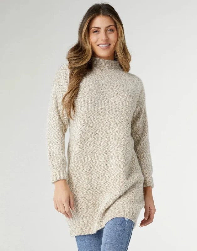 Wicklow Mock Neck Tunic Sweater Cable Knit Ribbed Knit Lace Knit