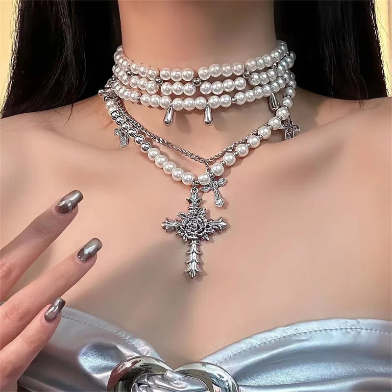 Pearl Beaded Necklace Multi-layer Wear Men's Women's Sweater Chain Necklace European American Retro Style Jewelry Terry Blend Velvet Blend Canvas Blend